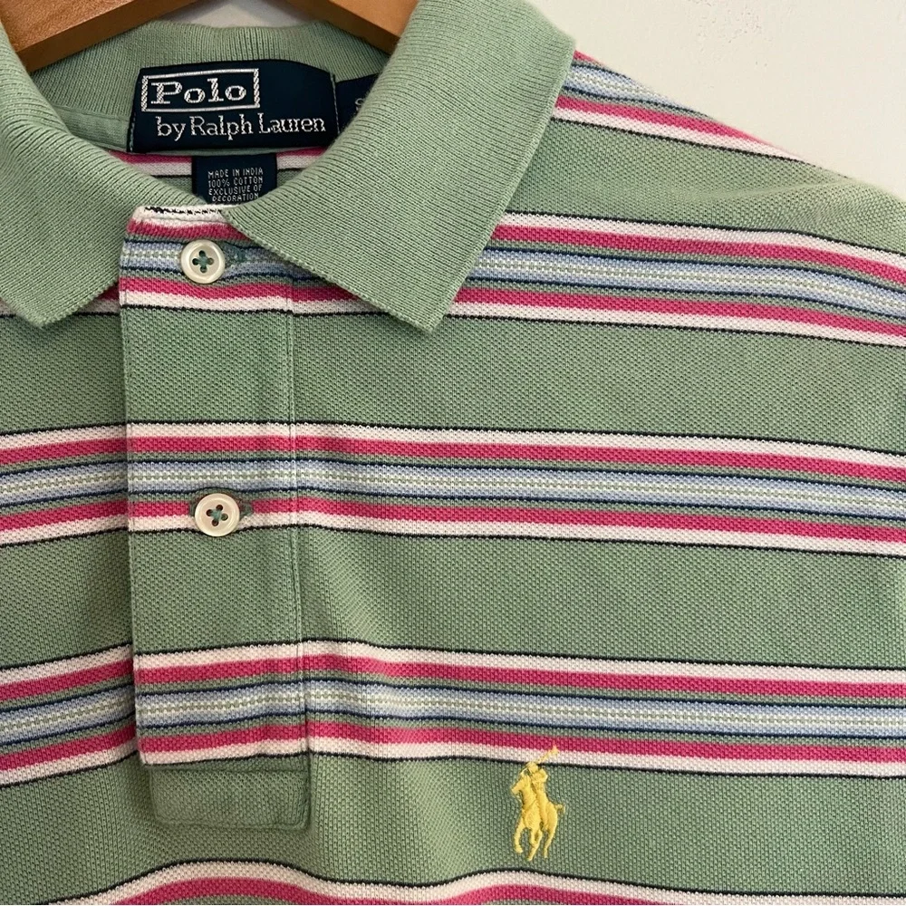 Polo by Ralph Lauren Green and Pink Striped Polo Size Small